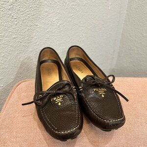 Prada Dark Brown Leather Loafers with Bow
